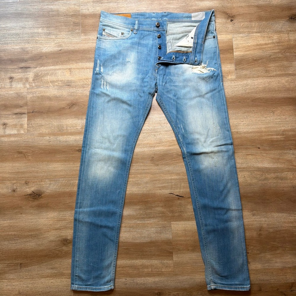 Diesel Tepphar Jeans Mens 33x32 Light Wash Blue Slim Carrot Distressed 0854V